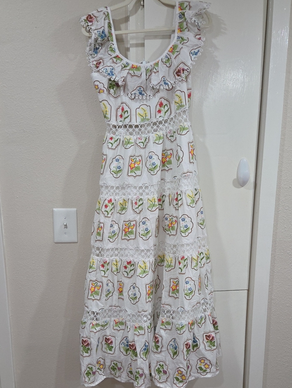 Just Me Gorgeous Fully Embroidered Floral Lace-Trim Maxi Dress